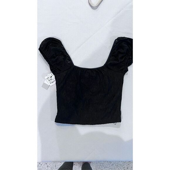 BP. Women's Off-the-Shoulder Textured Ruffle Lace Crop Top Black Size Small NWT - Picture 11 of 12